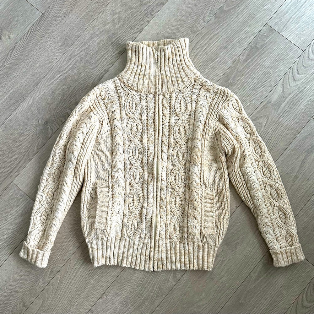 Vintage Mock Neck Cable Knit Zip Up Cardigan